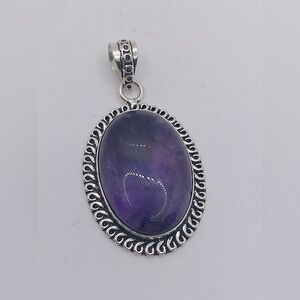 Vtg Amethyst Oval Cabochon Stone Unmarked Silver Tone Pendant 1.9”